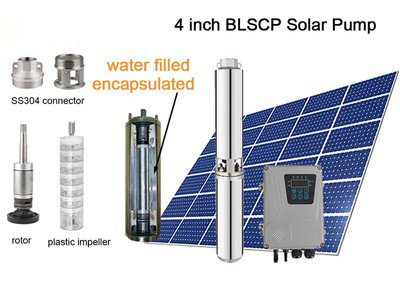 Bomba Solar Sumergible DC de 4 Pulgadas, con Motor Sumergible Encapsulado e Impulsor de Plástico BLSCP 