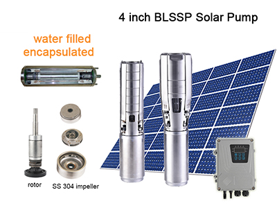 Bomba Solar Sumergible DC de 4 Pulgadas, con Motor Sumergible Encapsulado e Impulsor de Acero SS304 BLSSP
