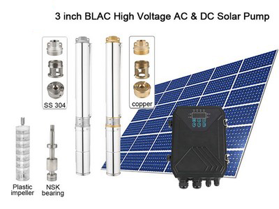 Bomba Solar Sumergible de 3' , AC110V/DC150V, con Impulsor de Plástico, BLAC