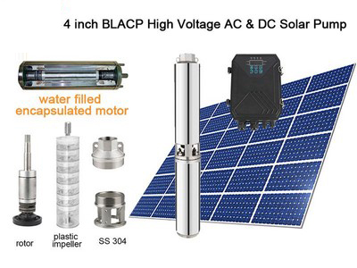 Bomba Solar Sumergible de 4', AC110V/DC150V, con Motor Encapsulado e Impulsor de Plástico, BLACP